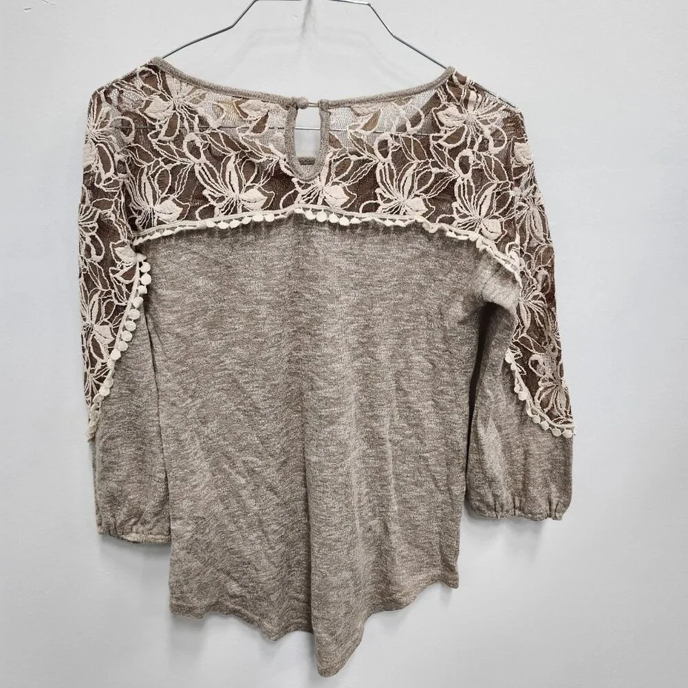 Areve Womens Fairy Romantic BOHO Top Small‎ Beige Lace Yoke 3/4 Sleeve